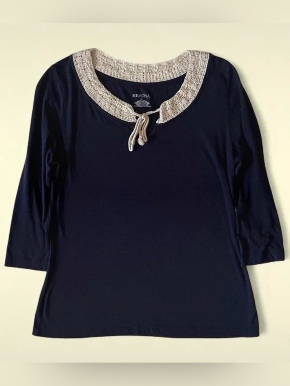 Merona Navy Top with Crochet Tie Collar Size M